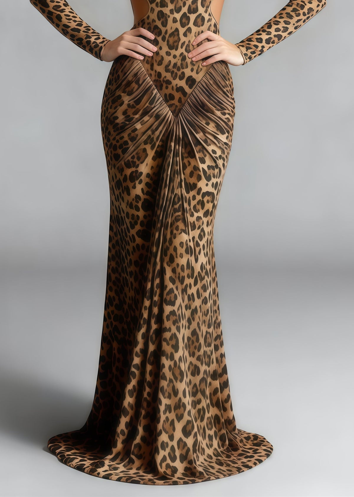 Leopard Print Mock Neck Long Sleeve Cut Out Ruched Bodycon Maxi Gown - View 4