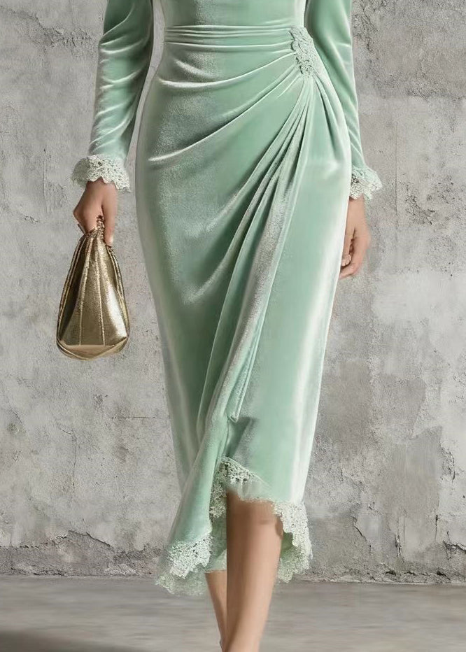 Velvet Sweetheart Neck Long Sleeve Lace Trim Ruched High Low Midi Dress