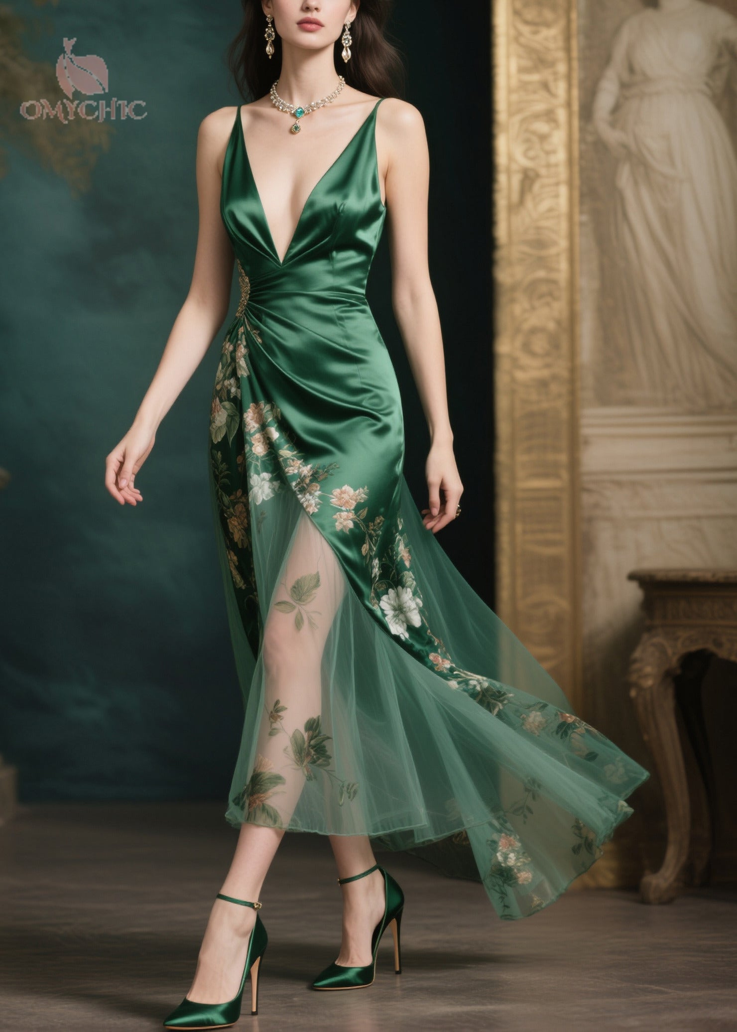 Spaghetti Strap Deep V-Neck Floral Tulle Overlay High Split Maxi Gown