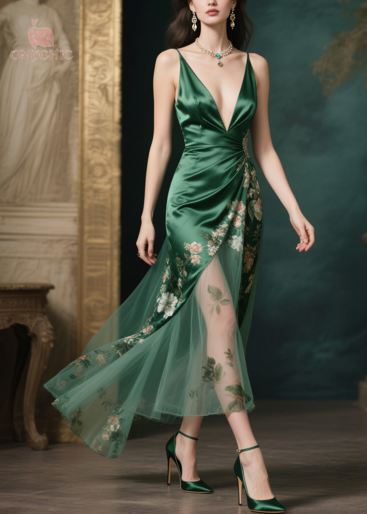 Spaghetti Strap Deep V-Neck Floral Tulle Overlay High Split Maxi Gown