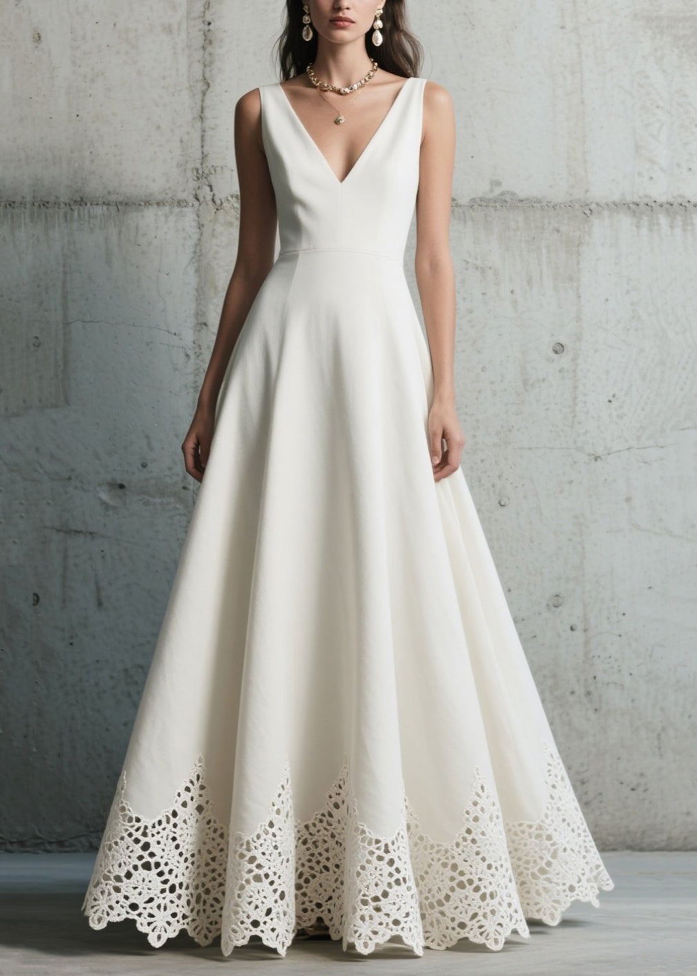 Deep V-Neck Sleeveless Lace Trim Hem Fit and Flare A-Line Maxi Gown