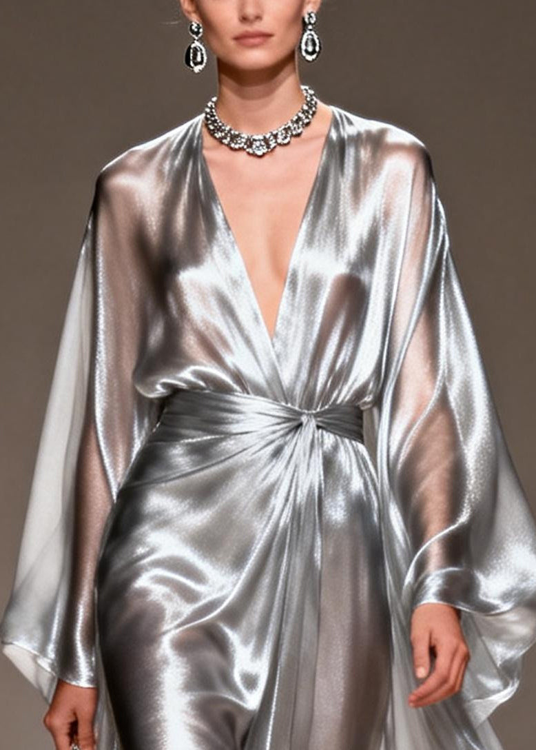 Satin Deep V-Neck Twisted Waist Metallic Cape Sleeve Maxi Gown