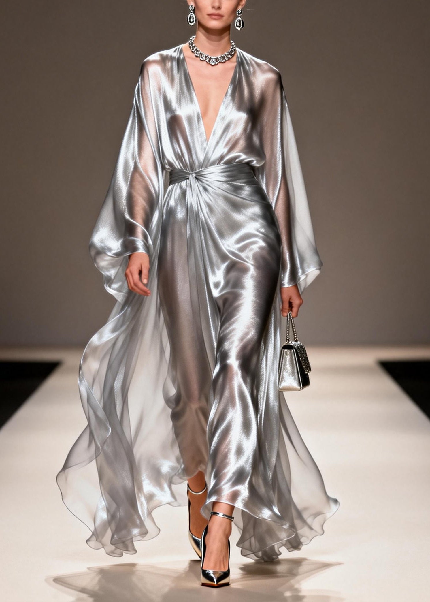 Satin Deep V-Neck Twisted Waist Metallic Cape Sleeve Maxi Gown