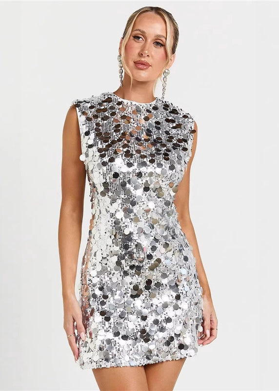 Silvery Silm Fit Tea Dress Sequins Wraped Sleeveless