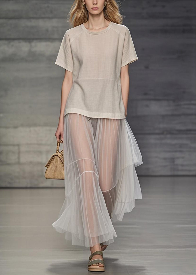 Short Sleeve Crew Neck Tulle Tiered Pleated Maxi Skirt Two Piece Set