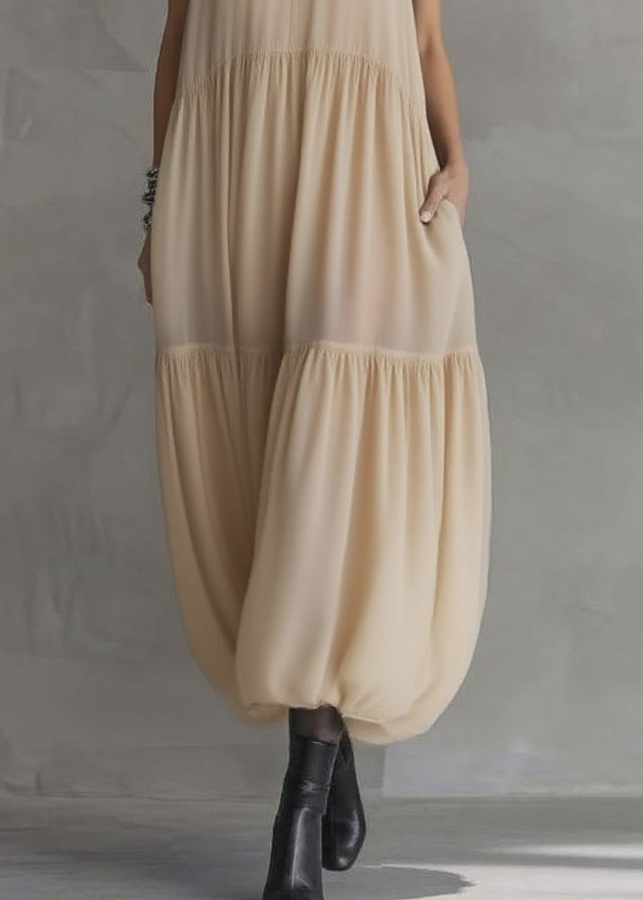 Simple Apricot Peter Pan Collar Wrinkled Solid Chiffon Maxi Dresses Summer 4