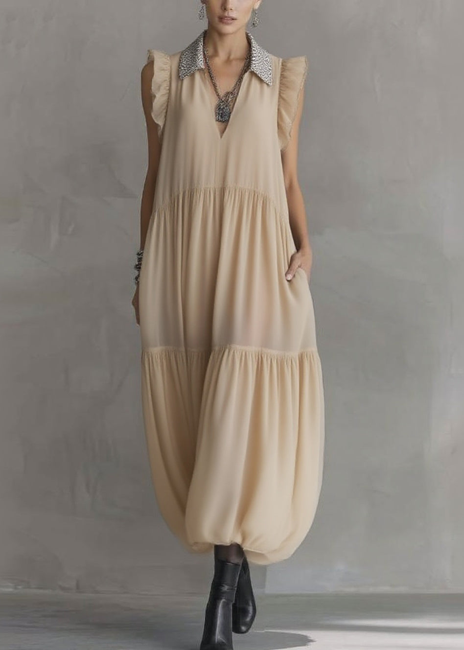 Simple Apricot Peter Pan Collar Wrinkled Solid Chiffon Maxi Dresses Summer 5