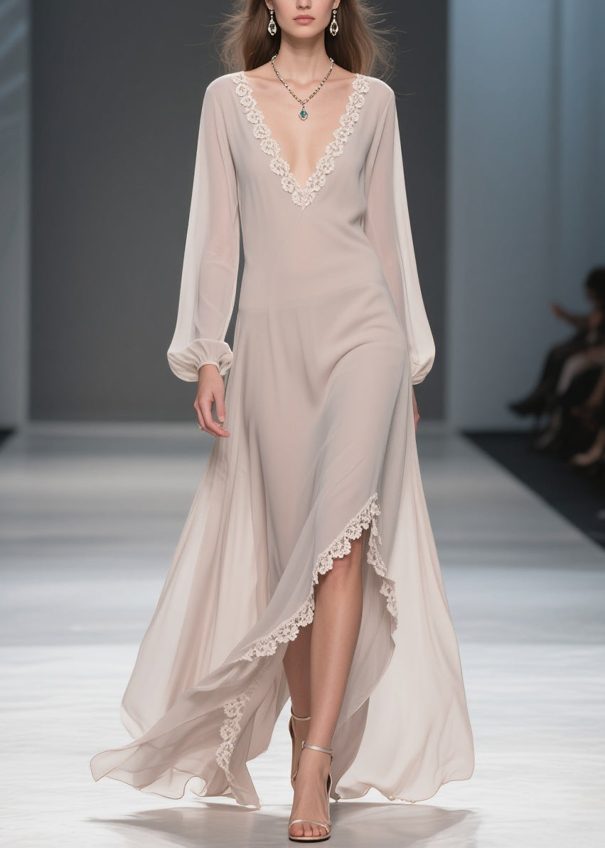 Chiffon V-Neck Bishop Sleeve Lace Hem High Low Maxi Dress