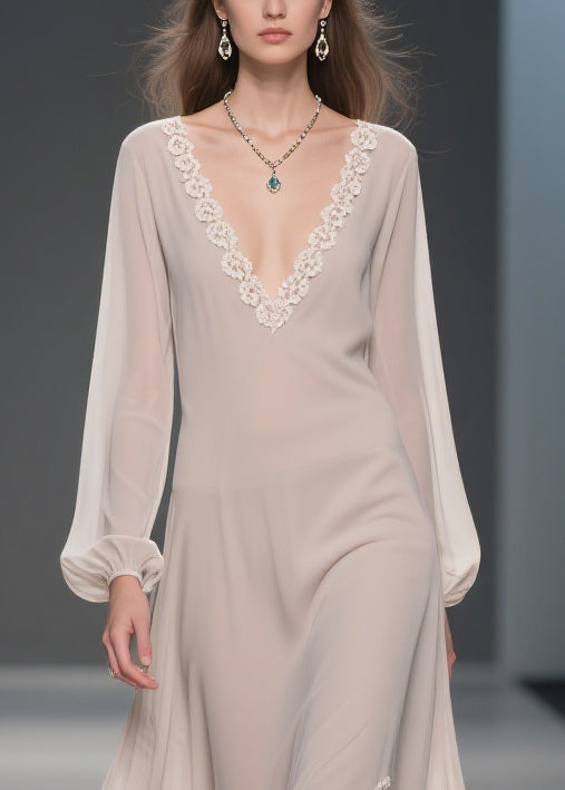 Chiffon V-Neck Bishop Sleeve Lace Hem High Low Maxi Dress