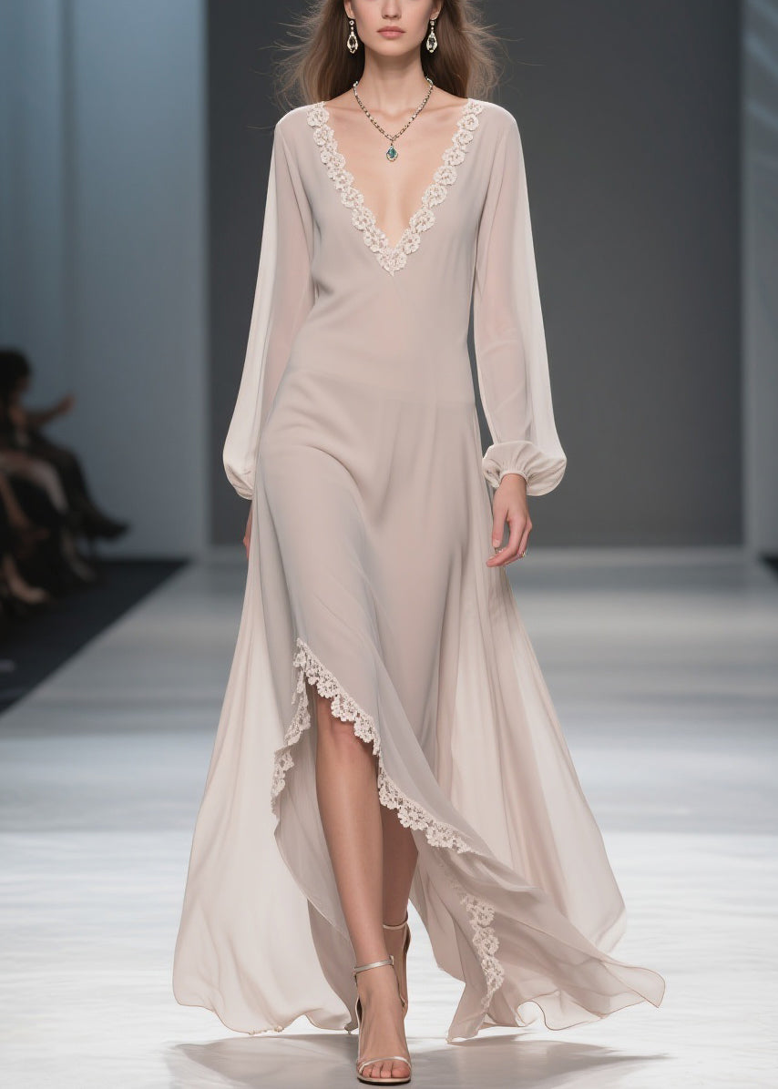 Chiffon V-Neck Bishop Sleeve Lace Hem High Low Maxi Dress - View 3
