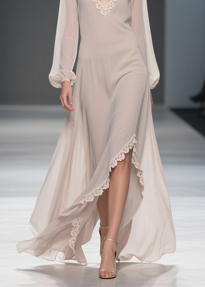 Chiffon V-Neck Bishop Sleeve Lace Hem High Low Maxi Dress