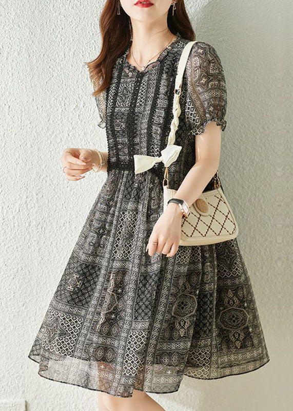 Chiffon Geometric Print Round Neck Puff Sleeve Lace Panel A-Line Midi Dress