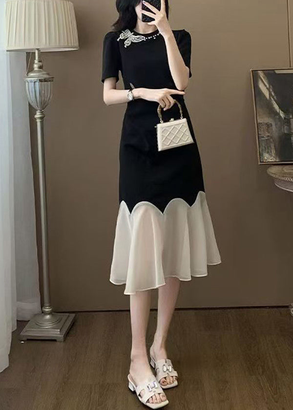 Butterfly Appliqué Crew Neck Short Sleeve Scalloped Midi Dress