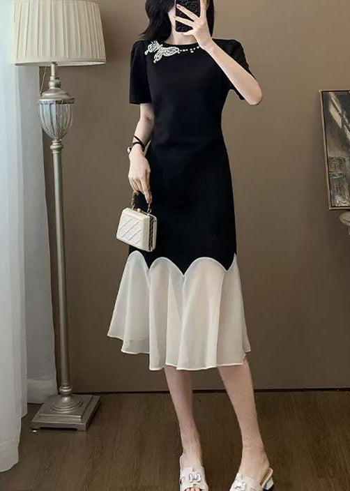 Butterfly Appliqué Crew Neck Short Sleeve Scalloped Tulle Hem Midi Dress
