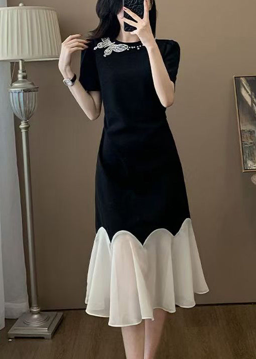 Butterfly Appliqué Crew Neck Short Sleeve Scalloped Tulle Hem Midi Dress
