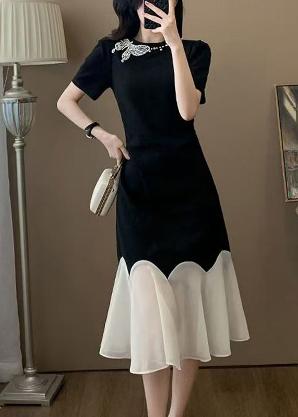 Butterfly Appliqué Crew Neck Short Sleeve Scalloped Tulle Hem Midi Dress