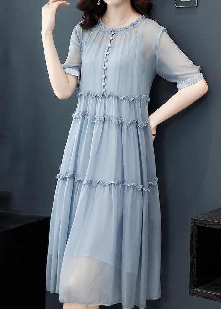 Chiffon Round Neck Button Front Tiered Ruffle Short Sleeve Babydoll Midi Dress