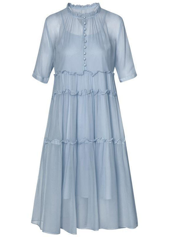 Chiffon Round Neck Button Front Tiered Ruffle Short Sleeve Babydoll Midi Dress