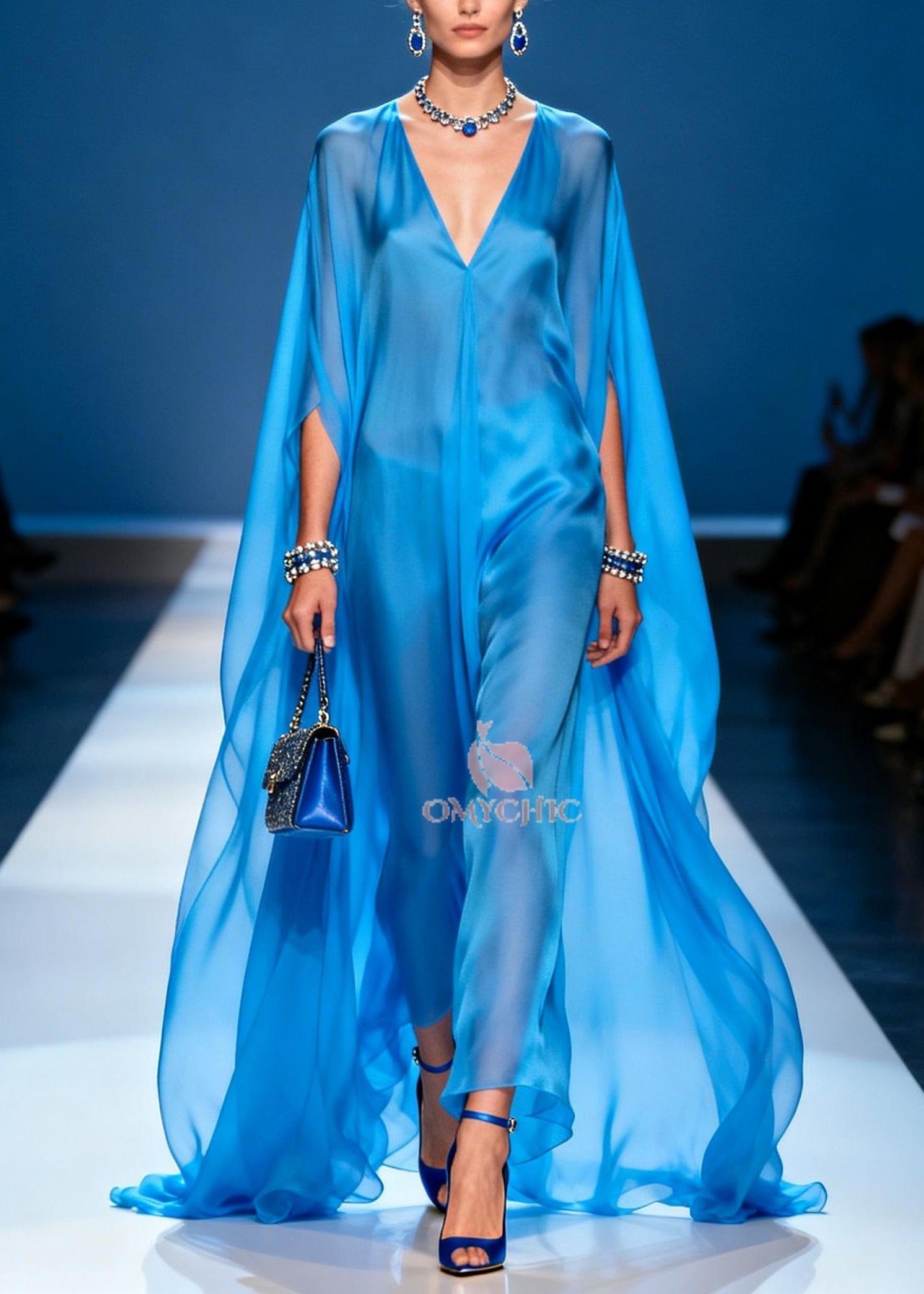Deep V-Neck Cape Sleeve Draped Chiffon Maxi Dress