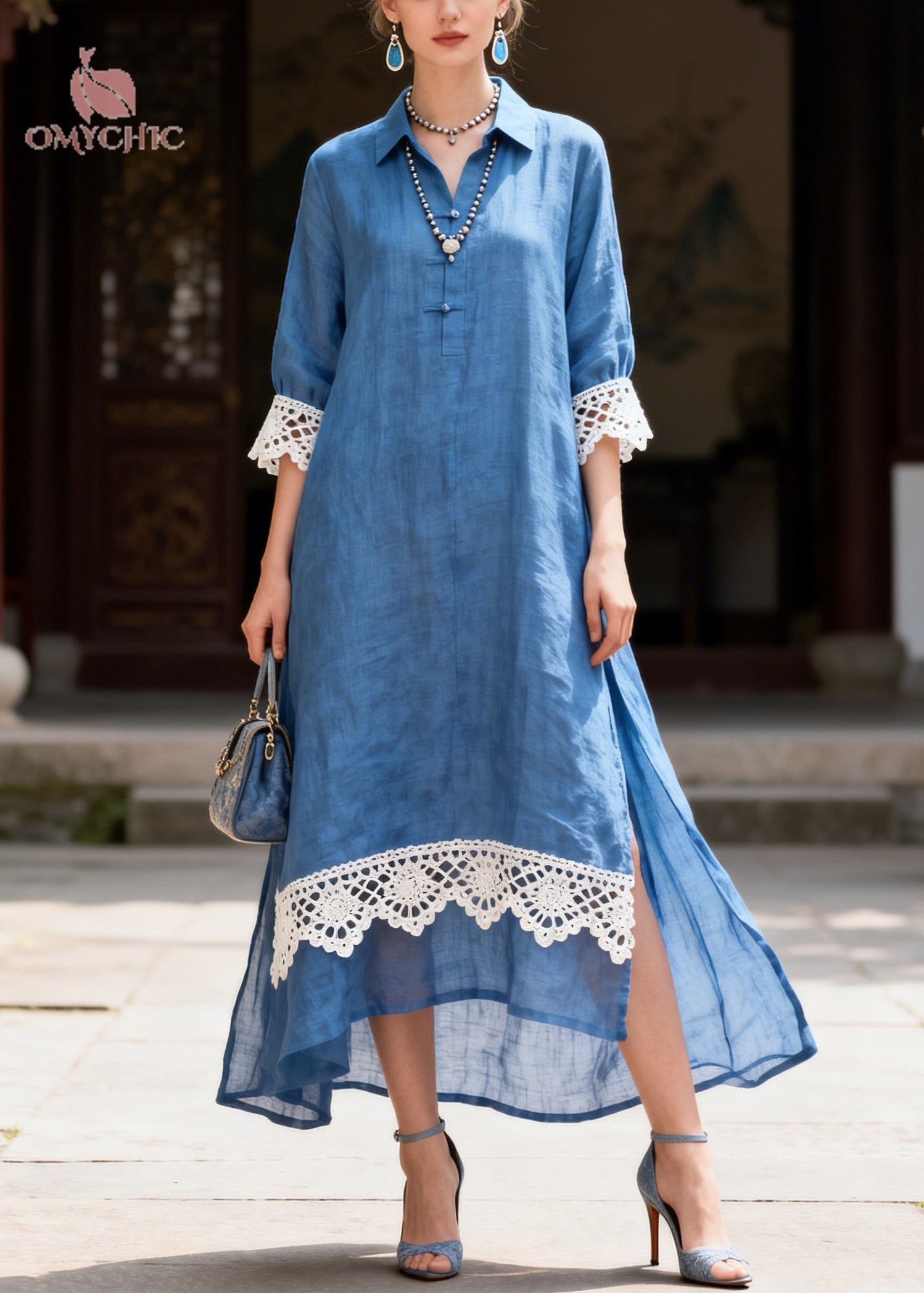 Lace Trim Collar Button Front Three Quarter Sleeve High Low Hem Maxi Shirt Dress