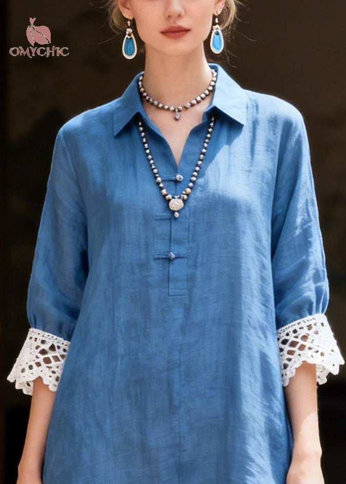 Lace Trim Collar Button Front Three Quarter Sleeve High Low Hem Maxi Shirt Dress
