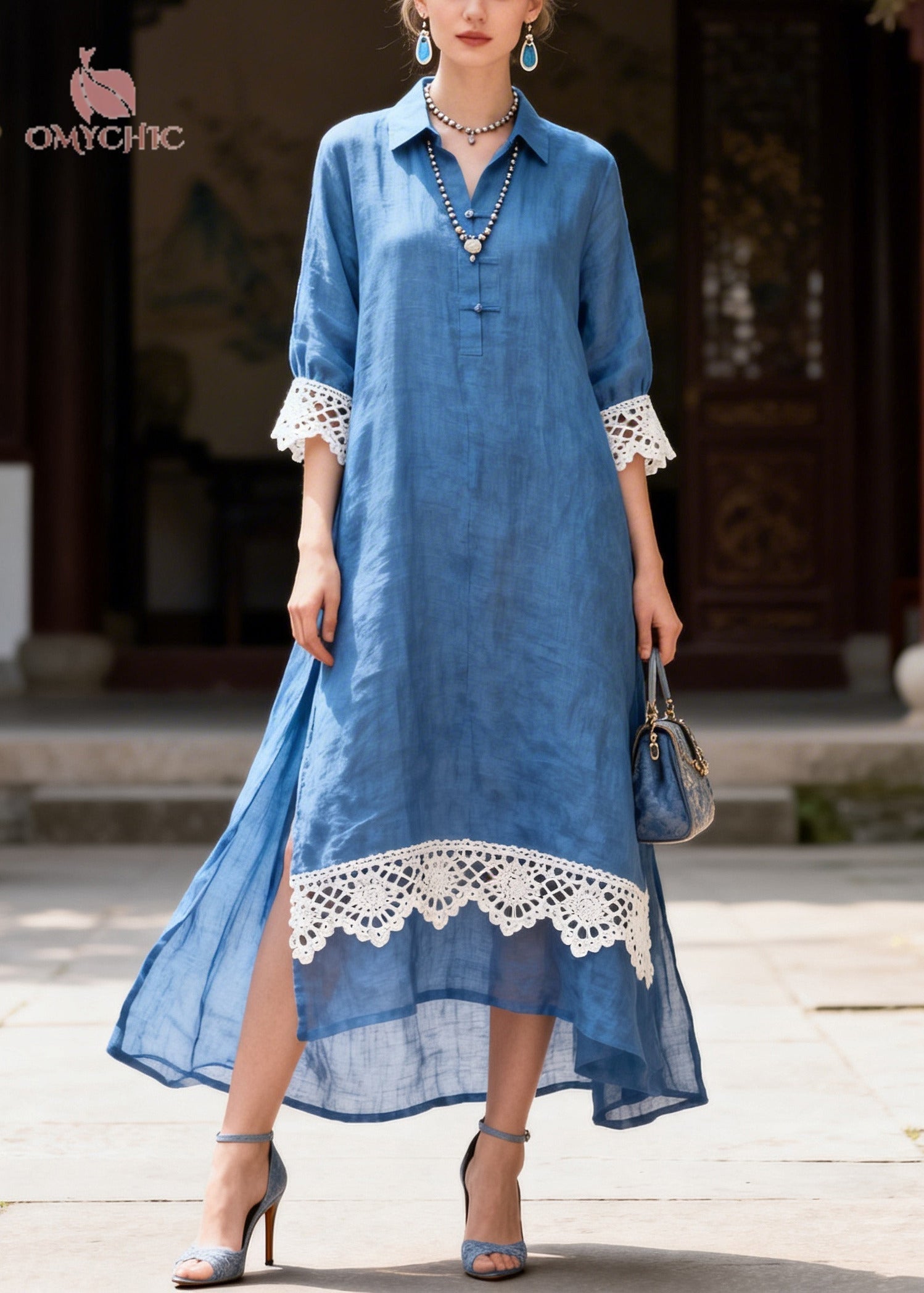 Lace Trim Collar Button Front Three Quarter Sleeve High Low Hem Maxi Shirt Dress