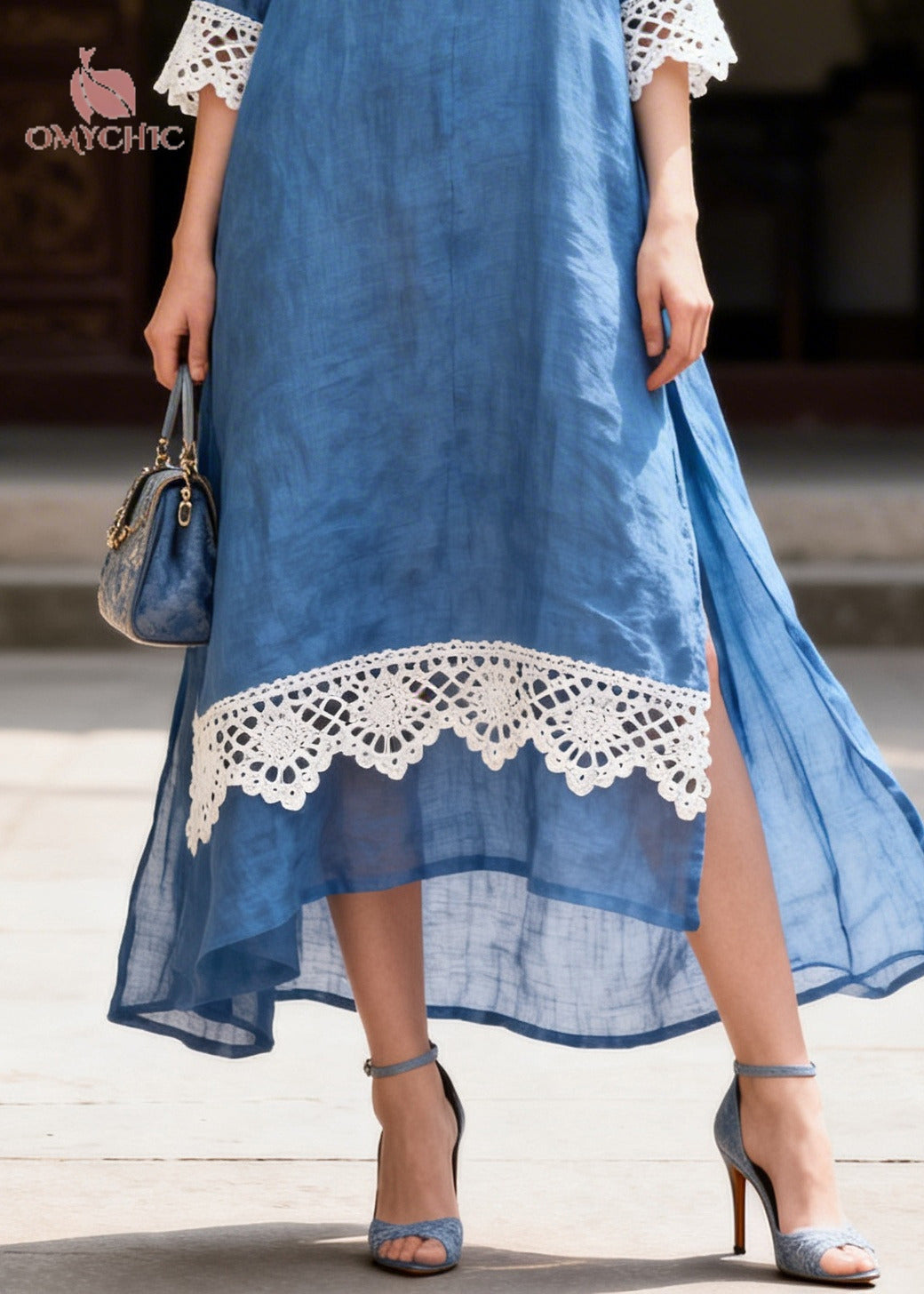 Simple Blue Peter Pan Collar Patchwork Lace Shirt Dresses Summer