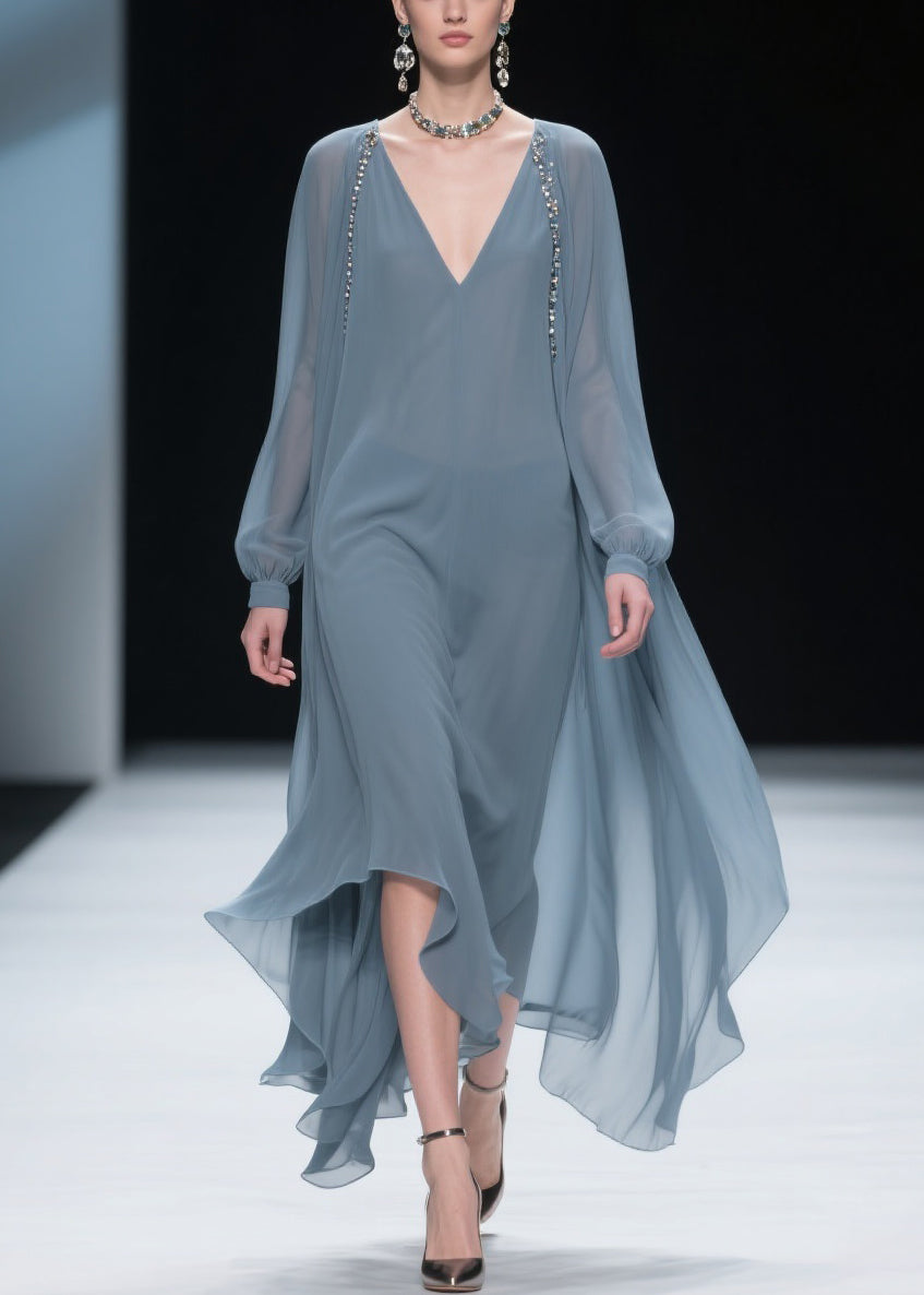 Chiffon Deep V-Neck Long Sleeve Beaded Cape Overlay Maxi Gown