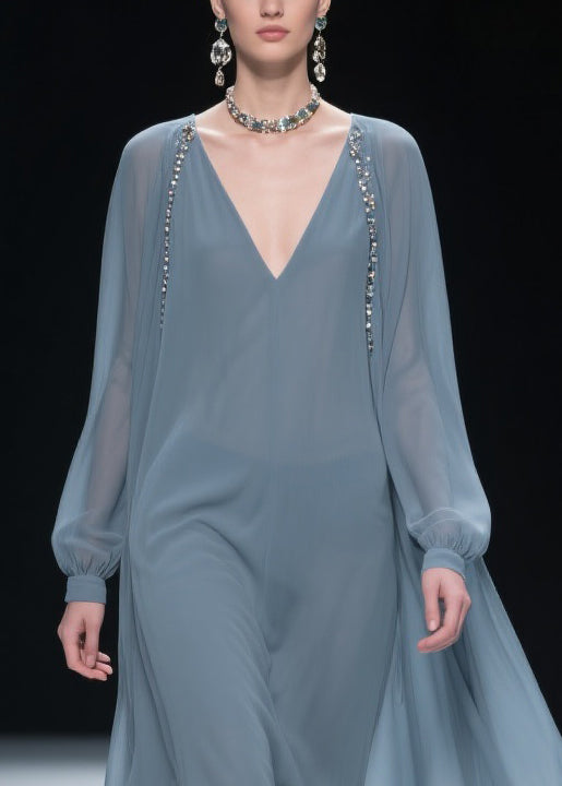 Chiffon Deep V-Neck Long Sleeve Beaded Cape Overlay Maxi Gown