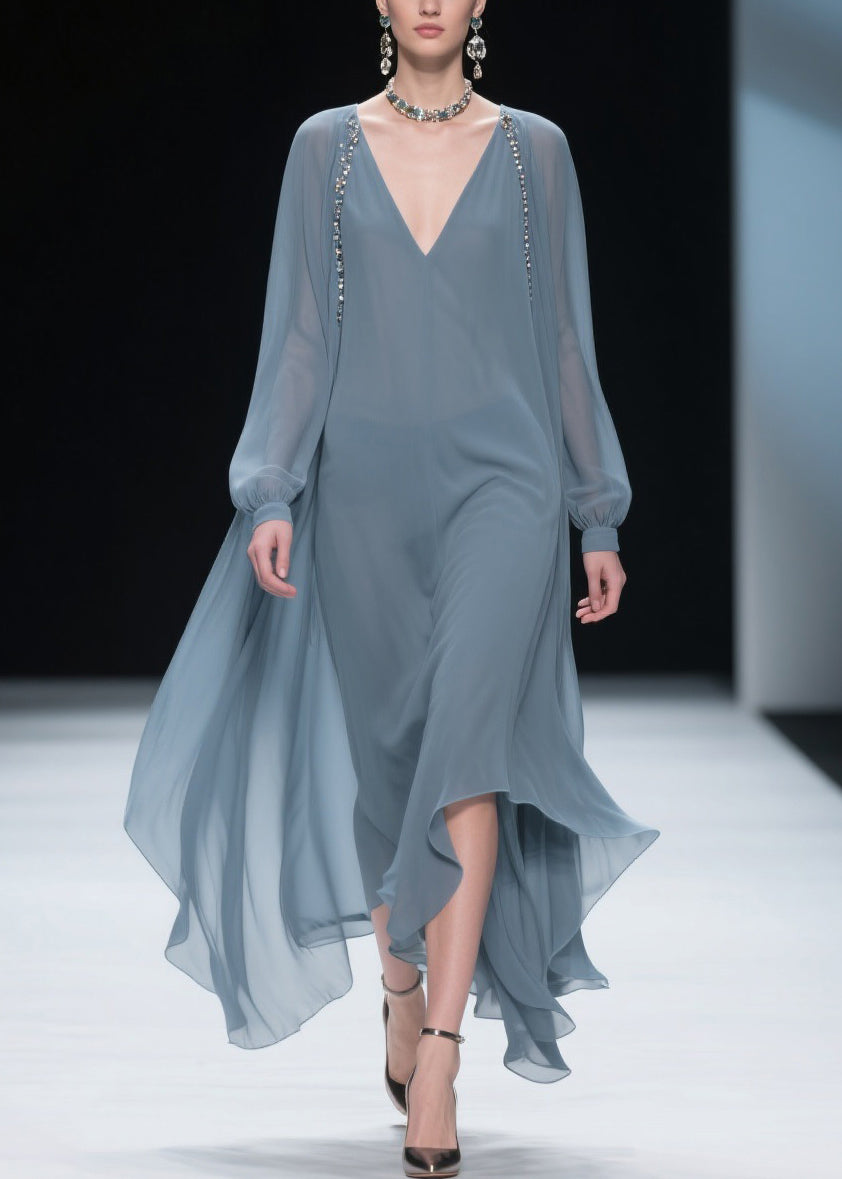 Chiffon Deep V-Neck Long Sleeve Beaded Cape Overlay Maxi Gown