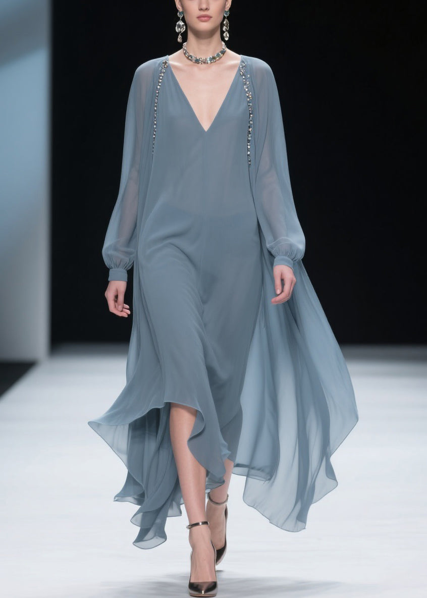 Chiffon Deep V-Neck Long Sleeve Beaded Cape Overlay Maxi Gown