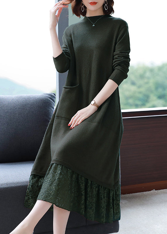 Knit Mock Neck Long Sleeve Patch Pocket Lace Panel Hem Midi Dress