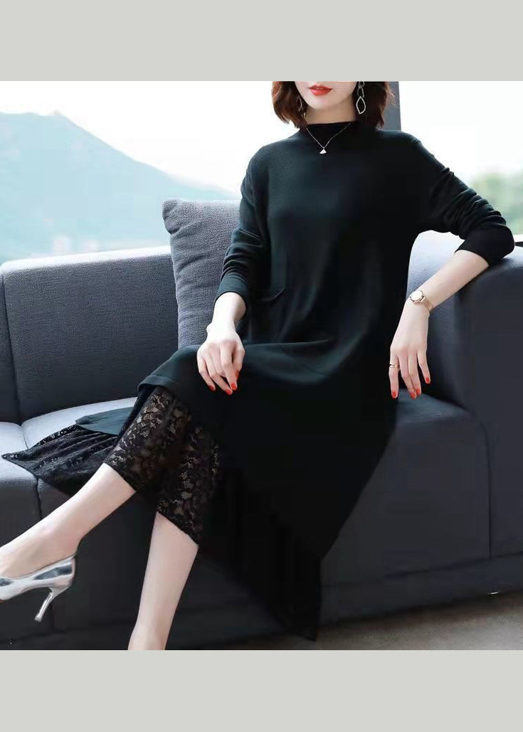 Knit Mock Neck Long Sleeve Patch Pocket Lace Panel Hem Midi Dress