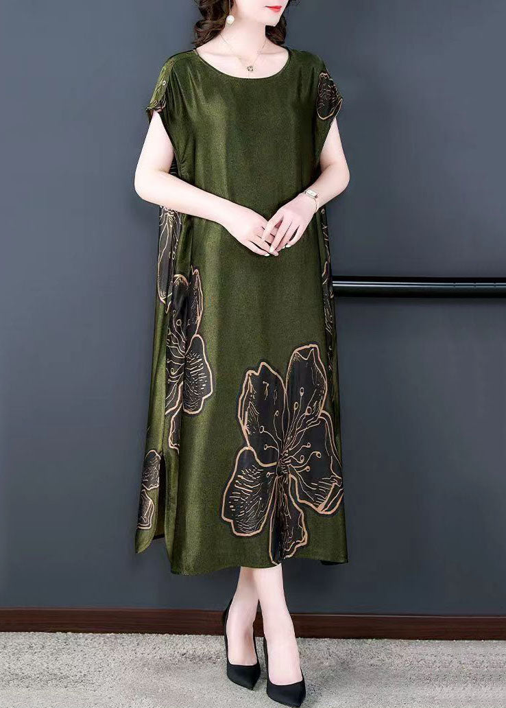 Satin Round Neck Short Sleeve Large Floral Print Oversized Shift Midi Dress