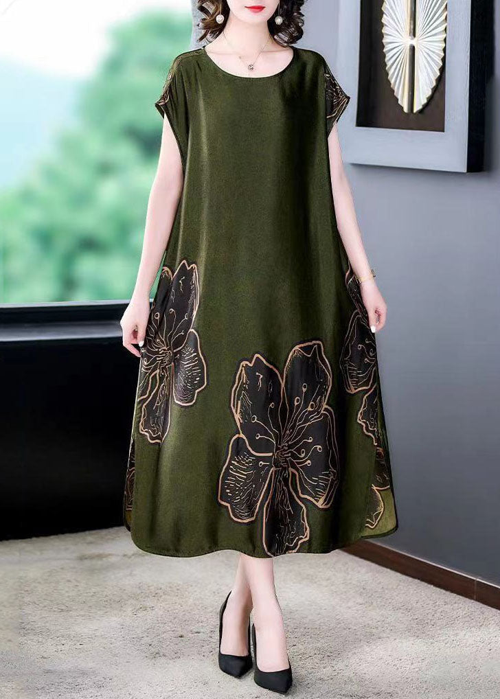 Satin Round Neck Short Sleeve Large Floral Print Oversized Shift Midi Dress