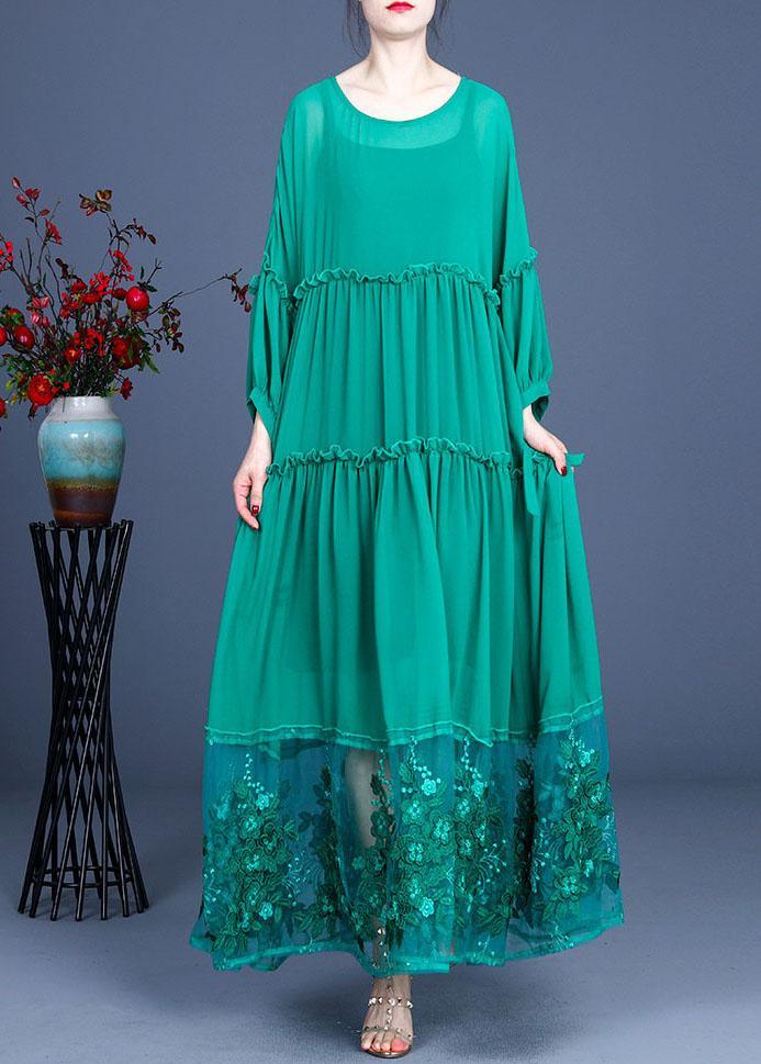 Tiered Long Sleeve Ruffle Cuff Lace Panel Floral Embroidered Sequin Mesh Hem Maxi Dress