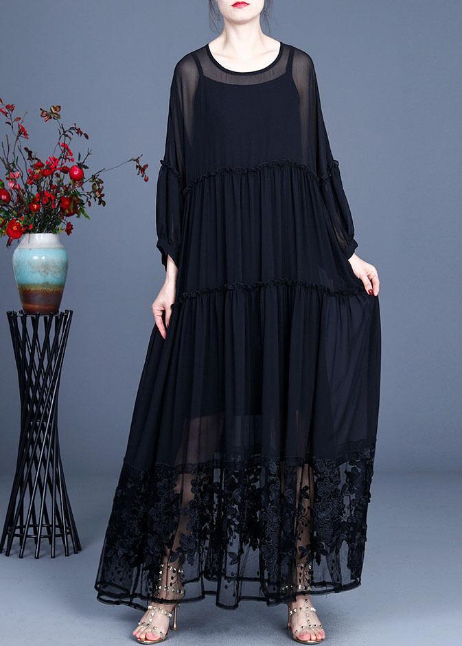 Tiered Long Sleeve Ruffle Cuff Lace Panel Floral Embroidered Sequin Mesh Hem Maxi Dress