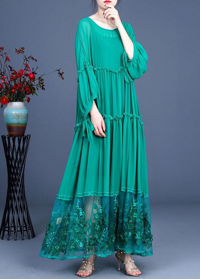 Tiered Long Sleeve Ruffle Cuff Lace Panel Floral Embroidered Sequin Mesh Hem Maxi Dress