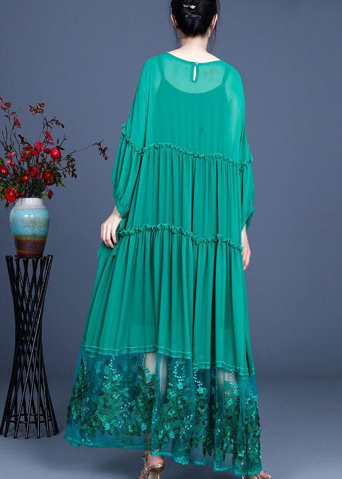 Tiered Long Sleeve Ruffle Cuff Lace Panel Floral Embroidered Sequin Mesh Hem Maxi Dress