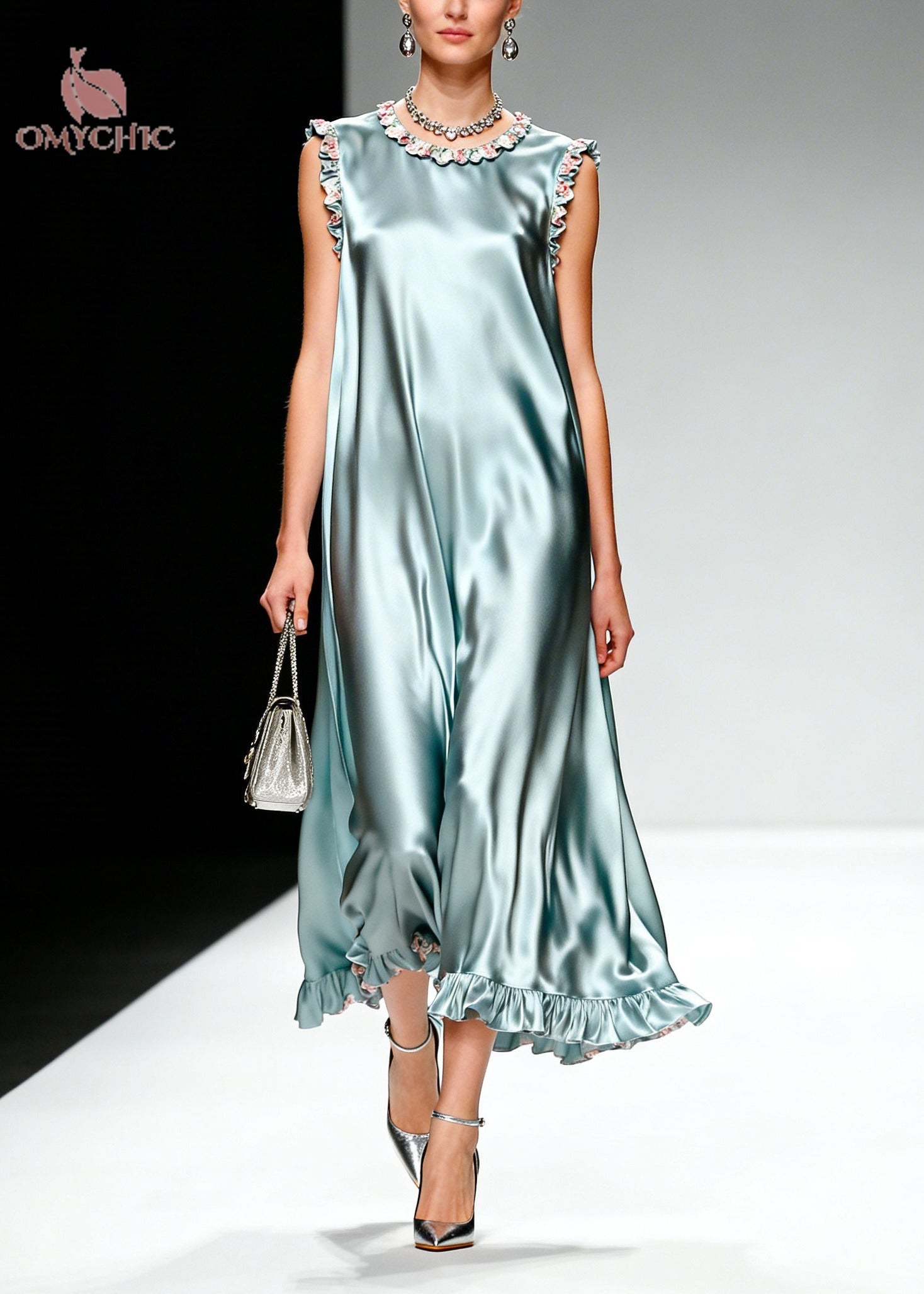 Satin Sleeveless Ruffle Trim Floral Detail A-Line Midi Dress