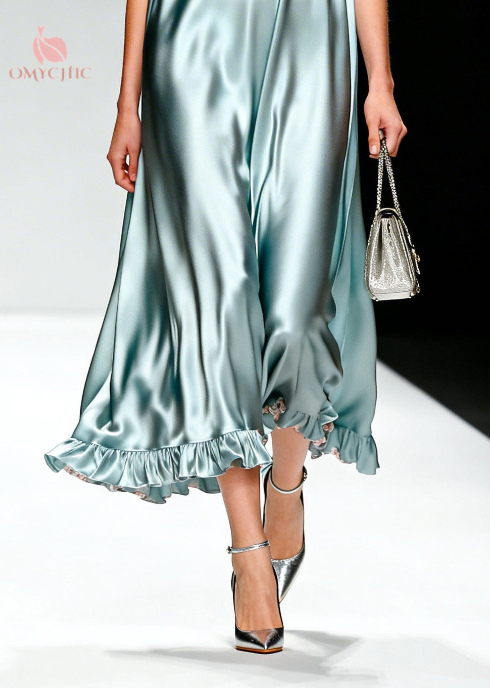 Satin Sleeveless Ruffle Trim Floral Detail A-Line Midi Dress