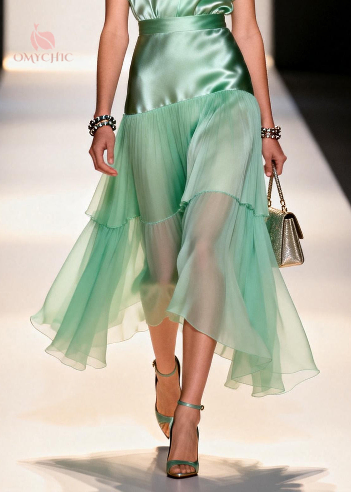 Satin Bodice Chiffon Tiered Pleated Flutter Sleeve Deep V-Neck Midi Dress