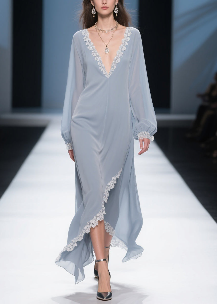 Lace Trim Chiffon Deep V-Neck Bishop Sleeve Wrap High Low Maxi Gown