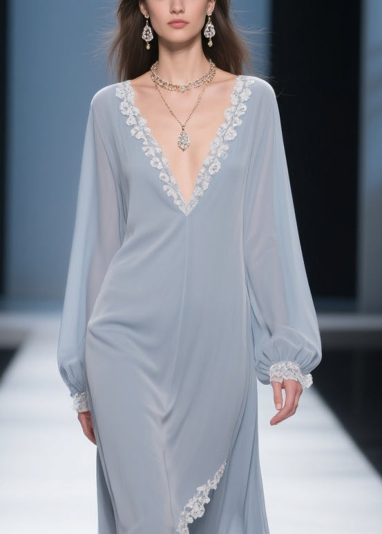 Lace Trim Chiffon Deep V-Neck Bishop Sleeve Wrap High Low Maxi Gown