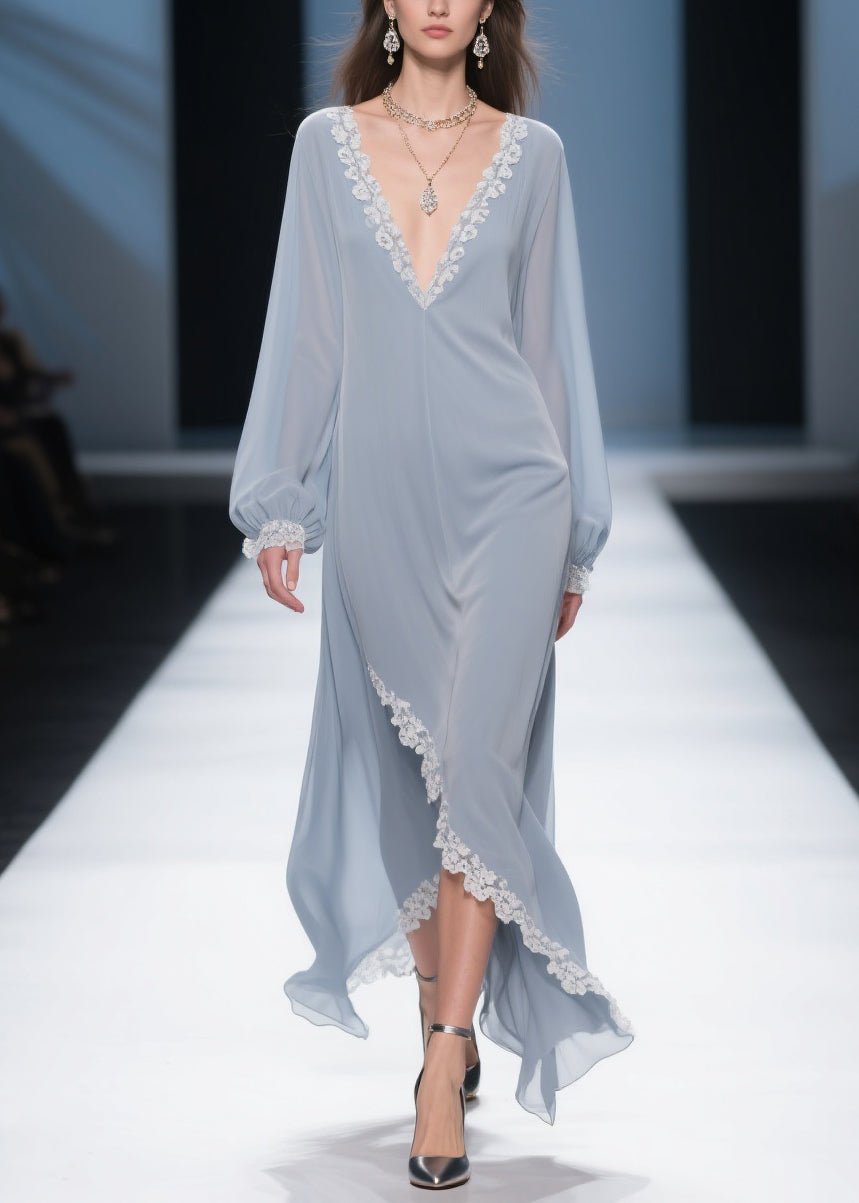 Lace Trim Chiffon Deep V-Neck Bishop Sleeve Wrap High Low Maxi Gown