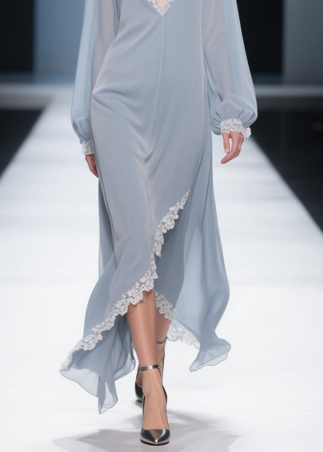 Lace Trim Chiffon Deep V-Neck Bishop Sleeve Wrap High Low Maxi Gown