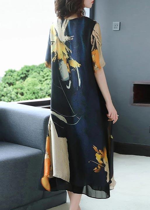 Abstract Brushstroke Print Round Neck Short Sleeve Handkerchief Hem Loose Midi Dress
