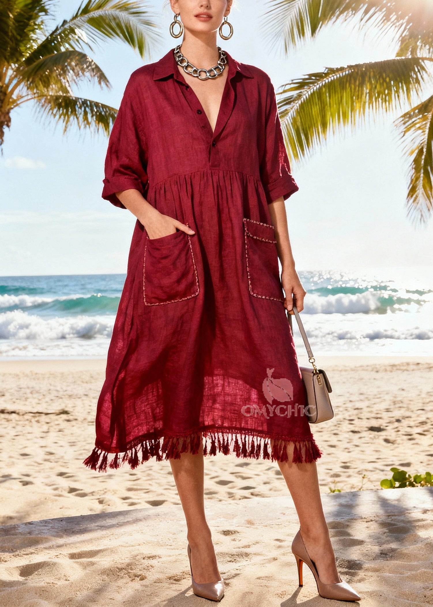 Collar V-Neck Three Quarter Sleeve Empire Waist Fringe Pocket Shirt Dress