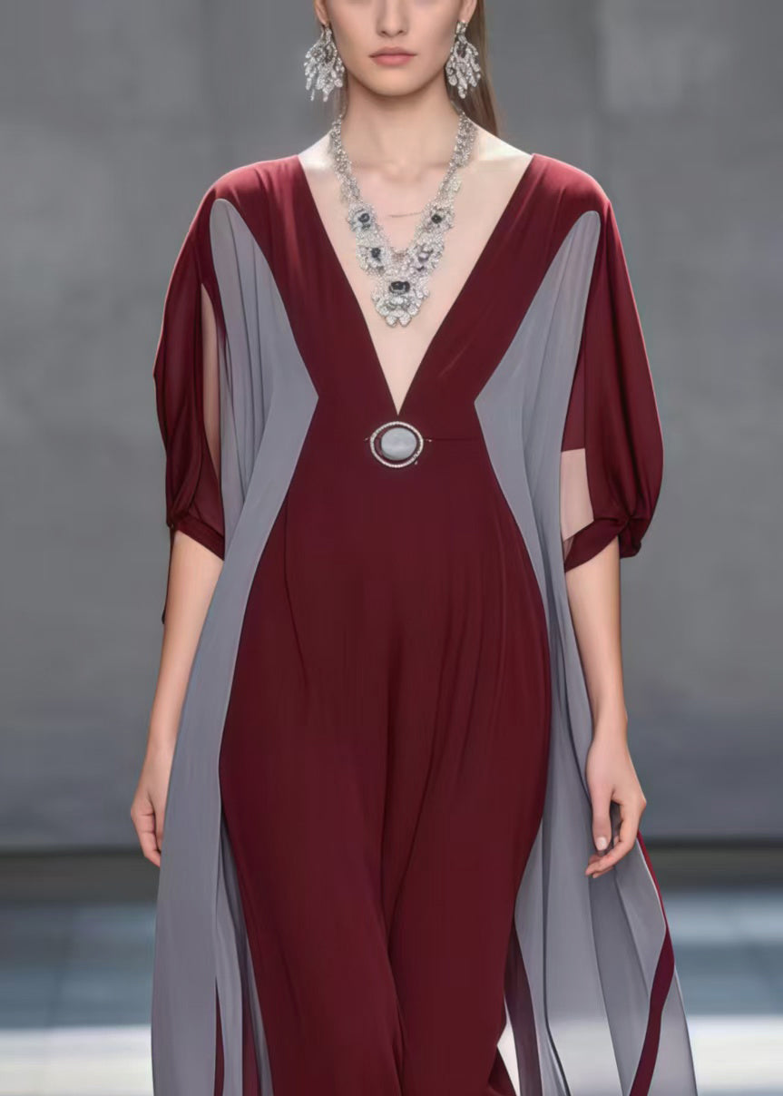 Deep V-Neck Batwing Sleeve Colorblock Chiffon Maxi Dress
