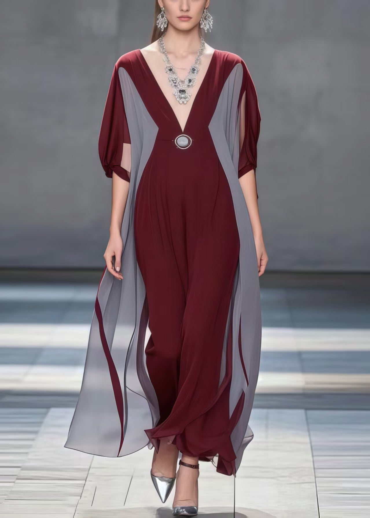 Deep V-Neck Batwing Sleeve Colorblock Chiffon Maxi Dress